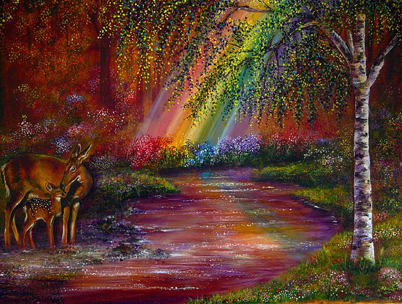 'End of Rainbows', family, colorful, draw and paint, attractions in dreams, bonito, most ed, rainbows, paintings, landscapes, heaven, flowers, forests, deers, scenery, streams, traditional art, colors, love four seasons, creative pre-made, trees, best of the best, nature, HD wallpaper