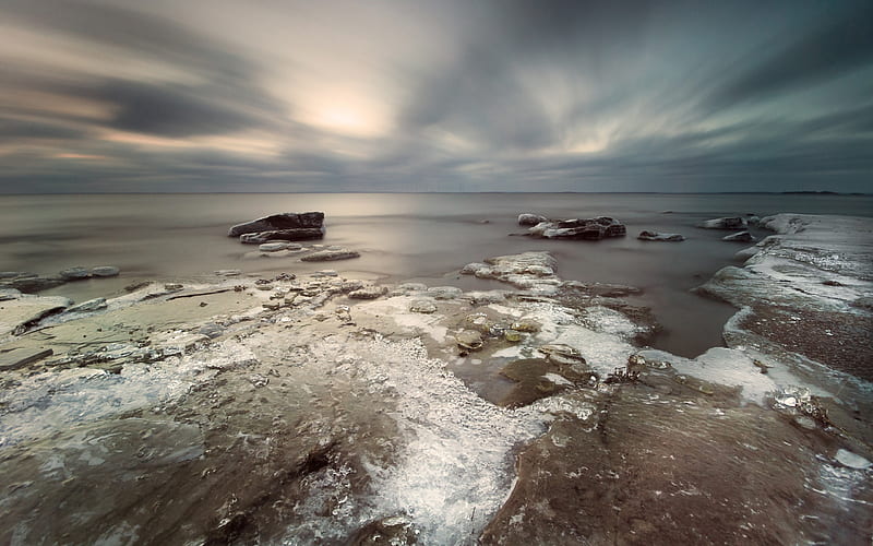 Ice coast stones sky clouds gray-Scenery High Quality, HD wallpaper