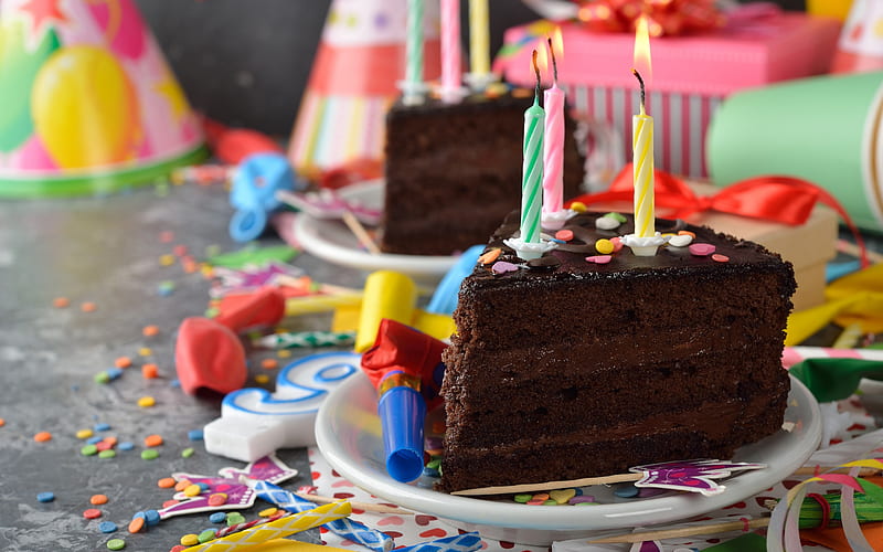 Happy Birtay, chocolate cake, candles, birtay cake, balloons, Birtay decoration, HD wallpaper