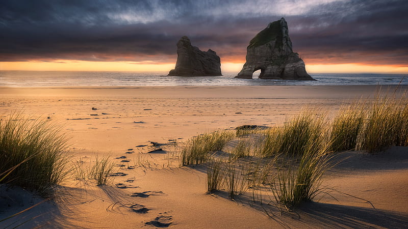 Earth, beach, Arch, Horizon, Nature, New Zealand, Sand, Sunset, HD wallpaper