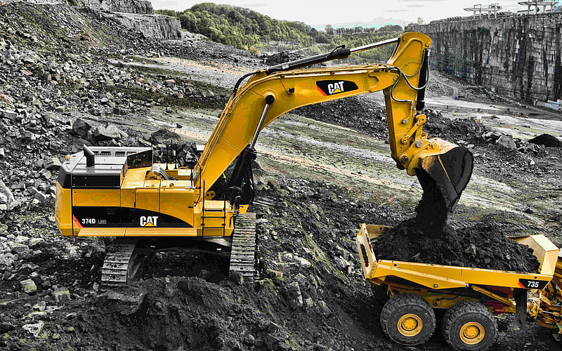 Cat 374D Cat 735, excavator, quarry, construction equipment, trucks, R, excavator work, Caterpillar, HD wallpaper