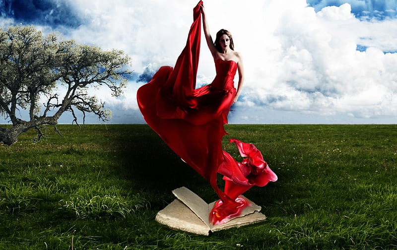 Red Ghost Lady, red, dress, ghost, nature, lady, HD wallpaper