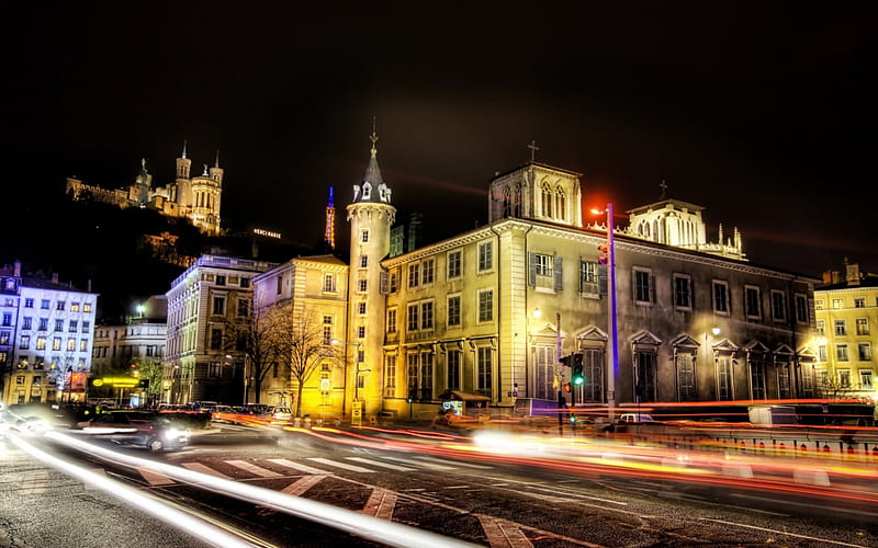 Lyon france at night, city, long exposure, castle, hill, lights, night ...