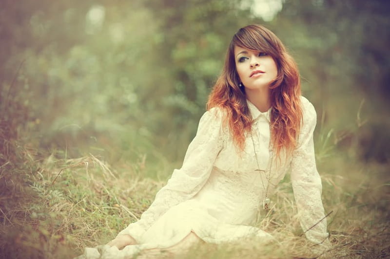 :), gorgeous face, wait to him, bokeh, girl, beauty, white dress, brown-eyed, red-haired, HD wallpaper