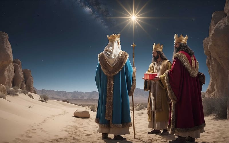 Three Holy Kings, desert, sand, star of Bethlehem, AI art, HD wallpaper