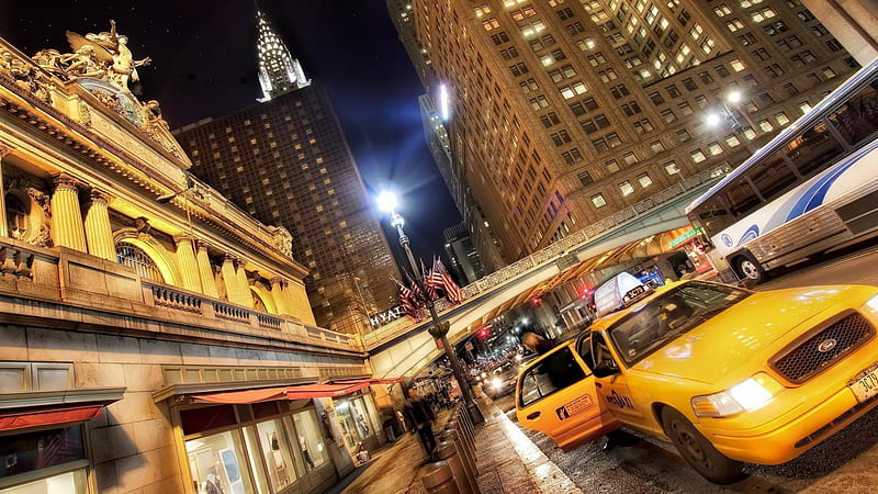 cab to grand central station in nyc, cab, city, lights, night, skyscrapers, HD wallpaper