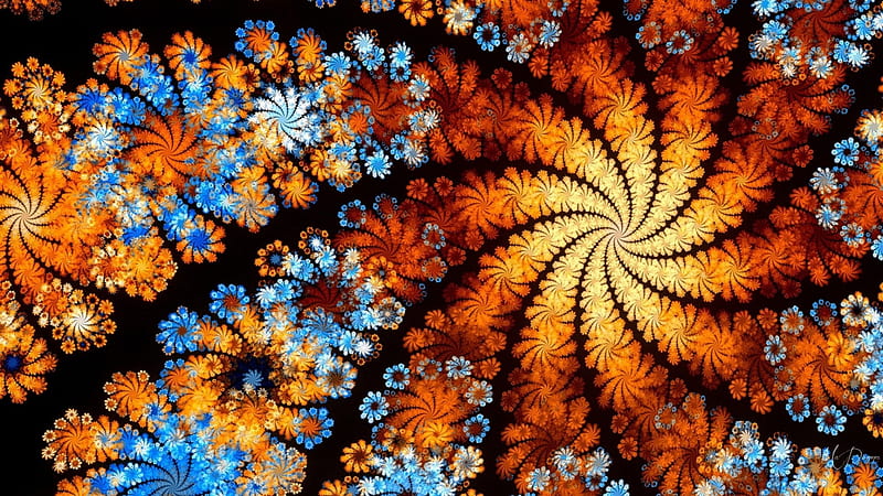 Fractal Swirlies, gold, fractal, flowers, abstract, blue, floral, HD wallpaper