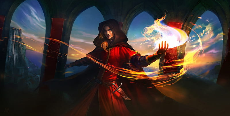 Mage, red, art, fire, fantasy, sorceress, game, magical, HD wallpaper
