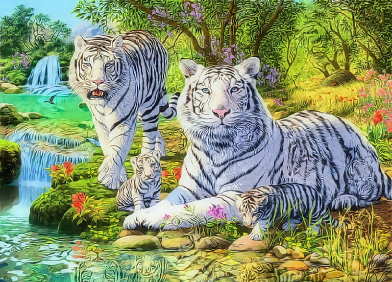 ★Big Forest Royalty★, family, tigers, digital art, seasons, paintings, love, jungle, flowers, forests, drawings, animals, love four seasons, birds, creative pre-made, butterflies, big wild cats, warmth, weird things people wear, summer, wildlife, beloved valentines, HD wallpaper