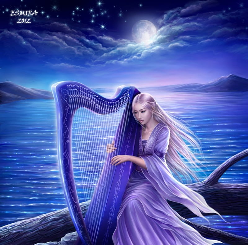 Midnight Harp, harp, midnight, abstract, girl, HD wallpaper