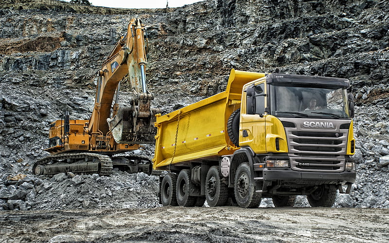Scania G440, mining truck, stone loading, excavator, stone transportation, Scania, HD wallpaper