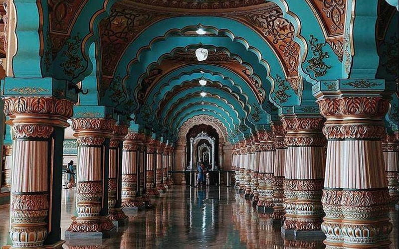 Mysore Palace in Karnataka, India, architecture, Asia, India, columns, interior, palace, HD wallpaper
