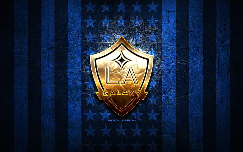 Los Angeles Galaxy flag, MLS, blue black metal background, american soccer club, Los Angeles Galaxy logo, USA, soccer, Los Angeles Galaxy FC, golden logo, LA Galaxy, HD wallpaper