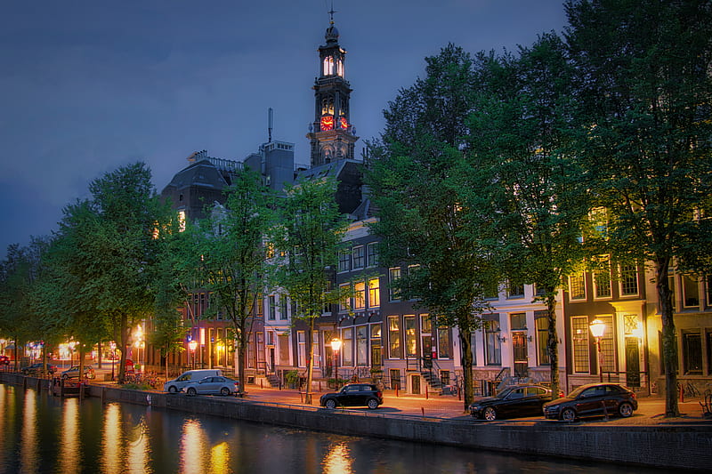 Cities, Amsterdam, Canal, Car, City, Clock, Evening, House, Netherlands, Tower, HD wallpaper