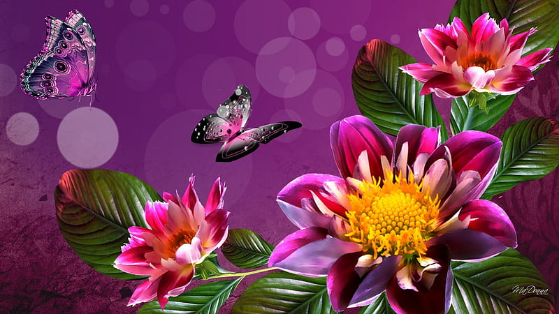 Bright Summer Flowers, Bokeh, wine, spring, floral, leaves, butterfly, merlot, bright, summer, papillon, flowers, garden, pink, HD wallpaper