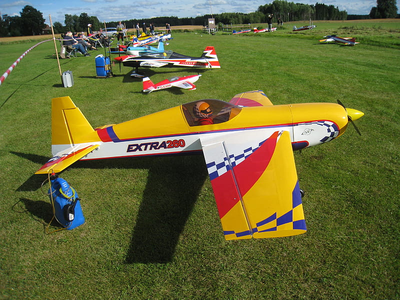 Model airplanes, airplanes, grass, people, summer, colors, trees, sky, field, HD wallpaper