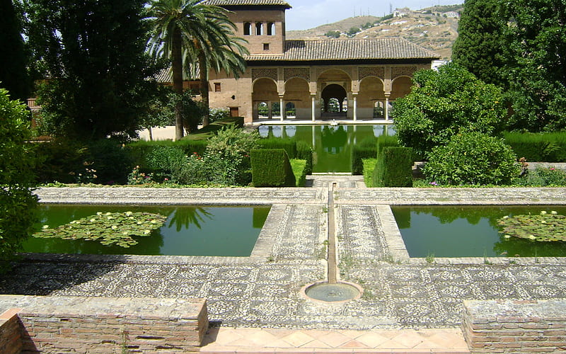 Alhambra, architecture, pools, lillies, courtyard, houses, garden, bonito, HD wallpaper