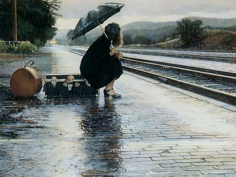 Last Train to Nowhere !, luggage, rain, train, girl, HD wallpaper