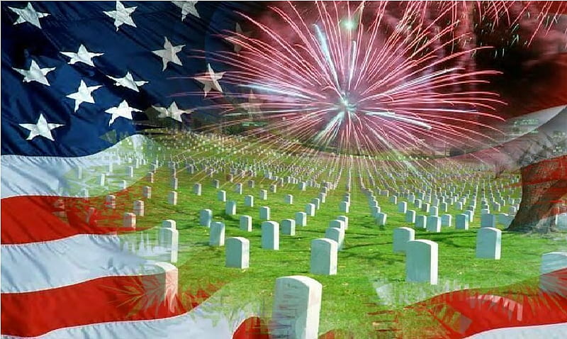 Memorial Day Fireworks, memorial day, cemetary, fireworks, flag, HD wallpaper
