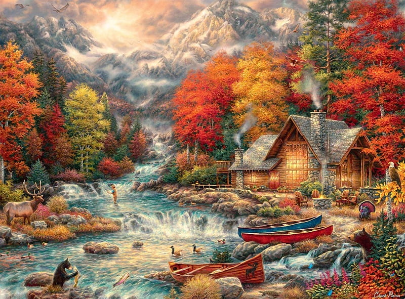 Autumn, painting, bear, urs, art, pictura, cottage, chuck pinson, river, water, HD wallpaper