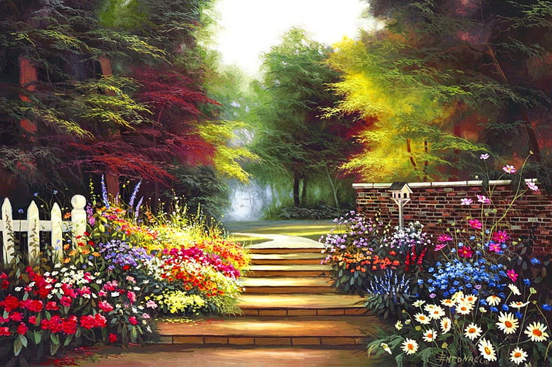 Garden steps, pretty, bonito, nice, painting, flowers, art, quiet, calmness, lovely, greenery, park, trees, serenity, paradise, summer, garden, nature, alley, steps, HD wallpaper