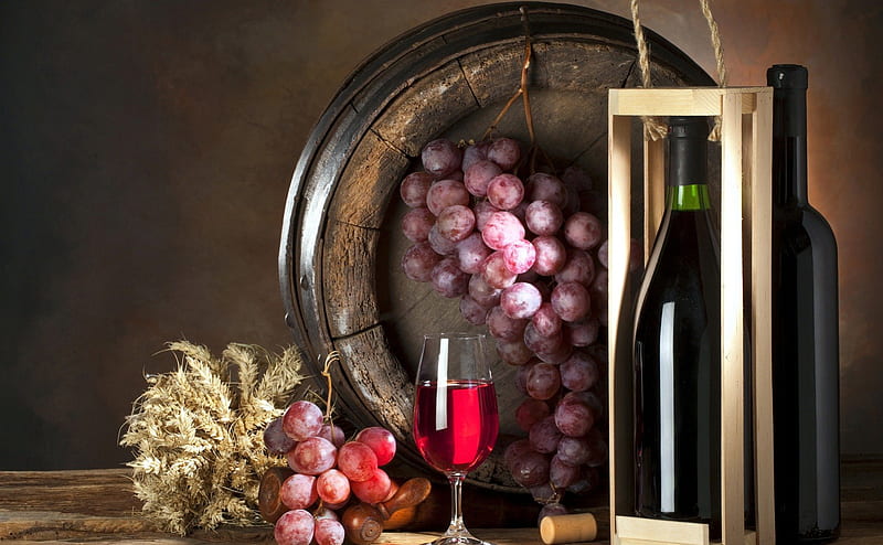 Red Wine, grapes, barrel, wine, bottle, HD wallpaper