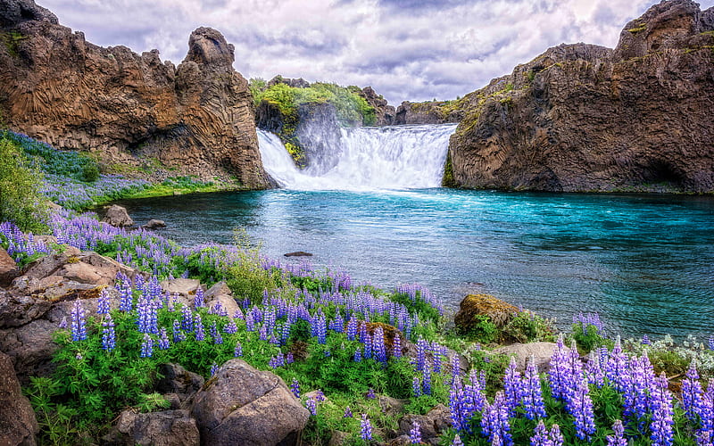 Hjalparfoss waterfalls, beautiful nature, summer, Iceland, Great Britain, Icelandic nature, HD wallpaper