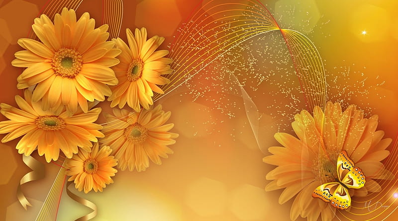 Fall Gold, fall, autumn, chrysanthemum, asters, gold, butterfly, flowers, garden, Firefox Persona theme, HD wallpaper
