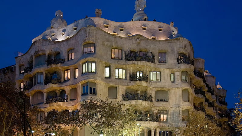 a marvelous apartment building by antoni gaudi, building, artistic, apartments, evening, lights, HD wallpaper