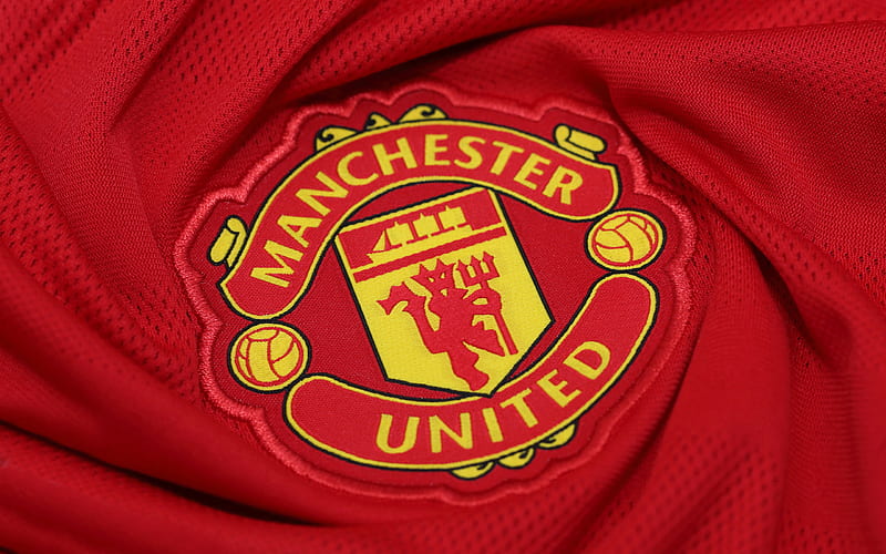 Manchester United FC, red fabric, emblem, Premier League, MU, England, logo, Man United, soccer, football, HD wallpaper