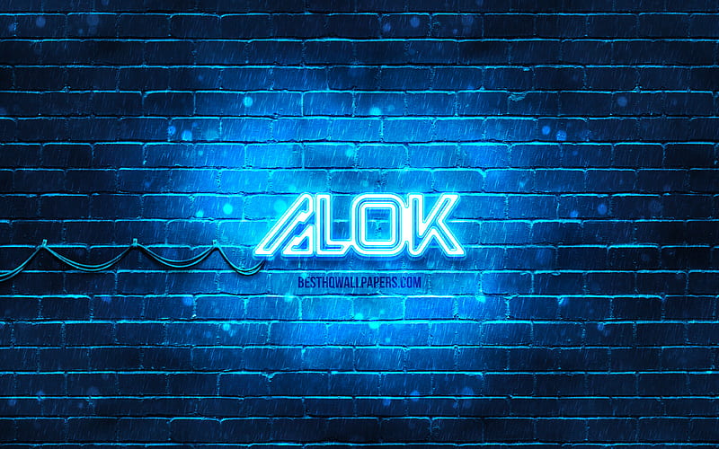 Alok blue logo superstars, brazilian DJs, blue brickwall, Alok new logo, Alok Achkar Peres Petrillo, Alok, music stars, Alok neon logo, Alok logo, HD wallpaper