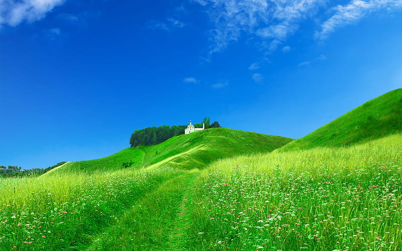 Beautiful Field, architecture, house, grass, sunny, bonito, clouds splendor, green, wildflowers, path, flowers, beauty, hill, top, blue, hills, quiet, lovely, colors, spring, church, sky, trees, daylight, peaceful, day, nature, white, field, landscape, HD wallpaper