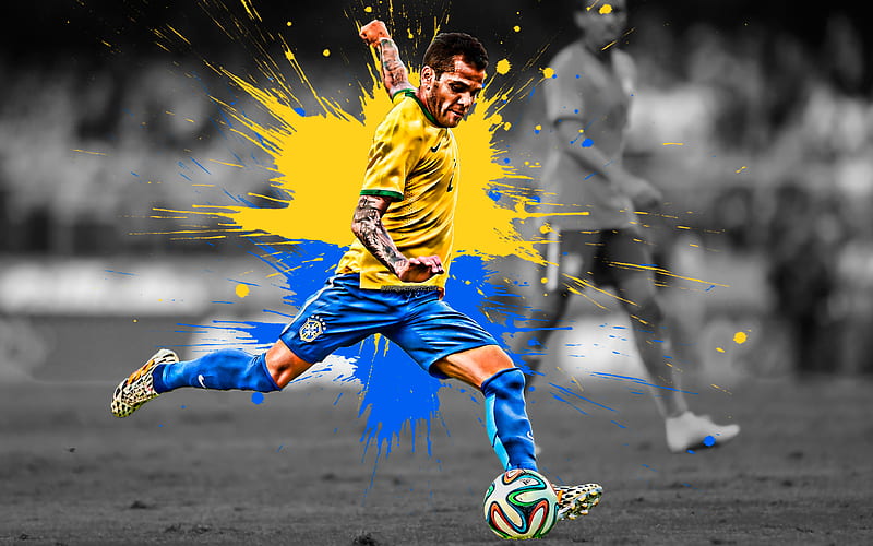 Dani Alves Brazilian football player, Brazil national football team, defender, yellow-blue paint splashes, creative art, Serie A, Brazil, football, grunge art, Daniel Alves, HD wallpaper