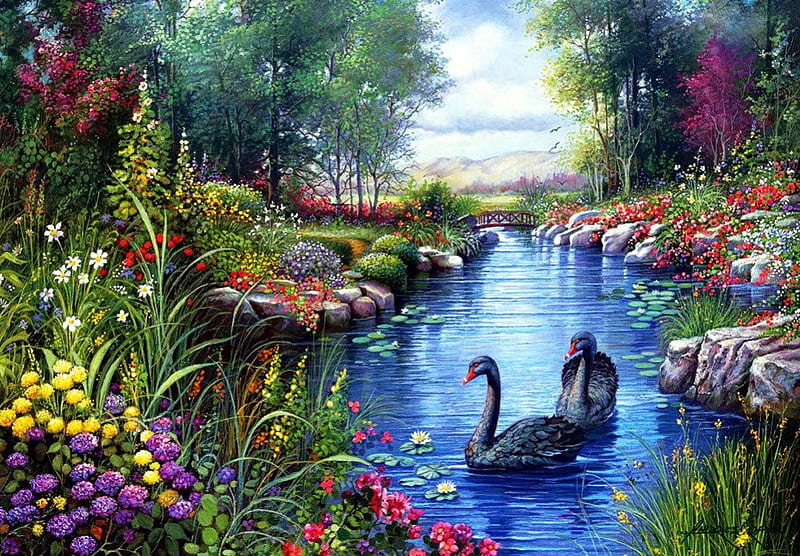 Black Swans, painting, flowers, river, trees, HD wallpaper