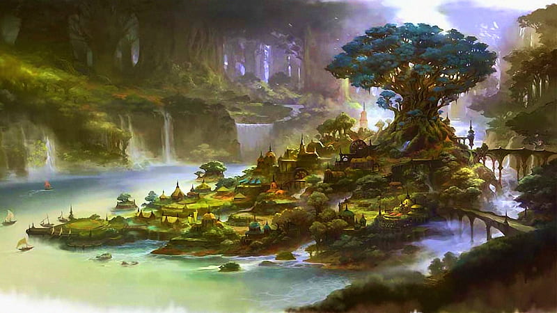 Final Fantasy XIV Landscape With Homes Lake And Water Fall Around Trees Final Fantasy XIV Games, HD wallpaper