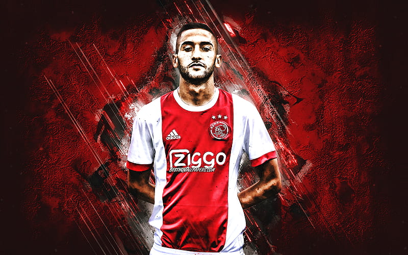 Hakim Ziyech, Ajax Amsterdam, Dutch soccer player, midfielder, AFC Ajax, red stone background, football, creative art, HD wallpaper