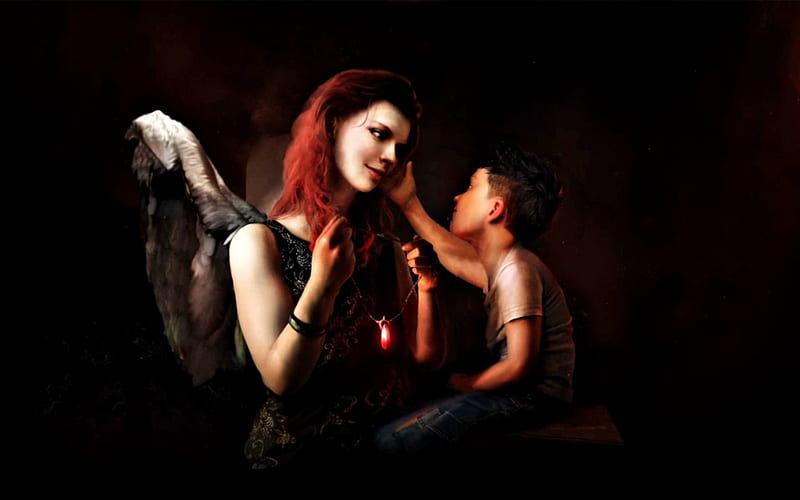 Devil may cry, art, wings, redhead, angel, game, black, woman, boy, fantasy, dark, child, HD wallpaper