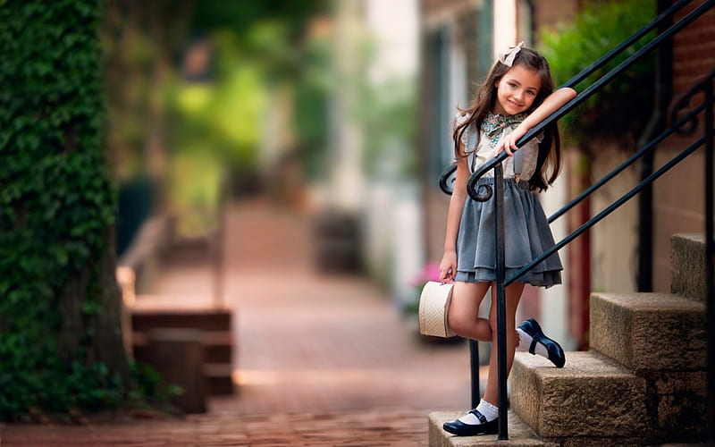 Little girl, cute, little, girl, stairs, child, suitcase, HD wallpaper