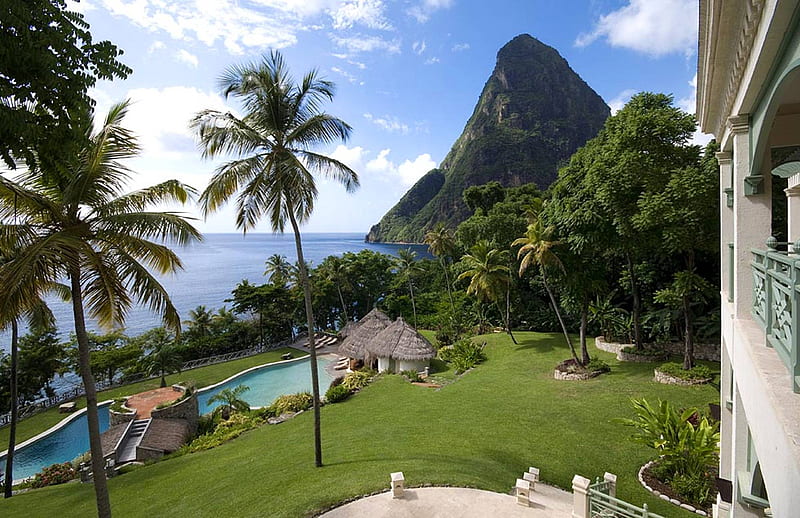 St Lucia, resort, lodge, retreat, sea, beach, mountain, lagoon, fantasy, sand, hotel, holiday, ocean, honeymoon, escape, pool, caribbean, paradise, tropical, HD wallpaper