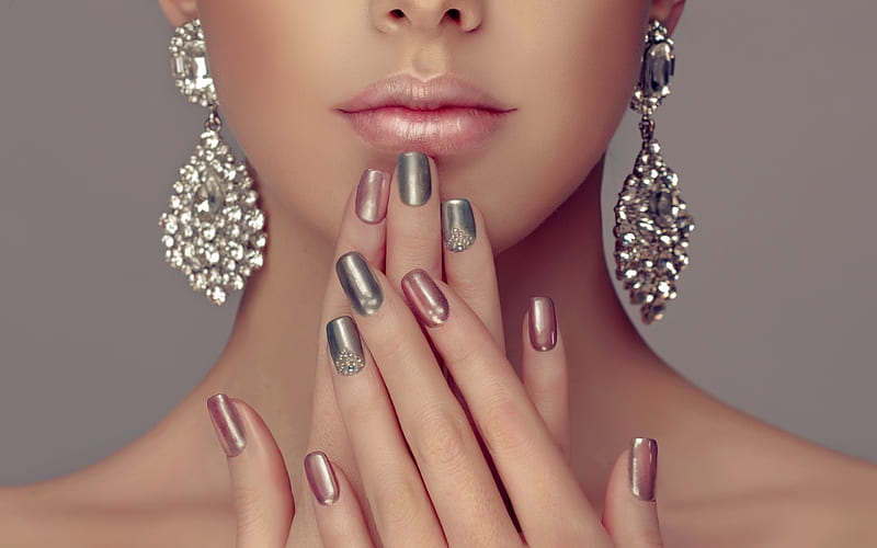 manicure, earrings, hand, jewel, face, silver, lips, nails, HD wallpaper