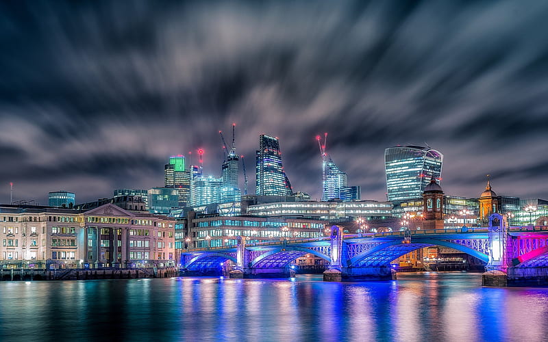 Southwark Bridge, nightscapes, River Thames, London landmarks, United Kingdom, England, London, HD wallpaper