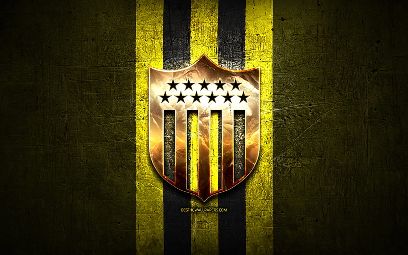 Penarol FC, golden logo, Uruguayan Primera Division, yellow metal background, football, CA Penarol, Uruguayan football club, Penarol logo, soccer, Uruguay, Club Atletico Penarol, HD wallpaper