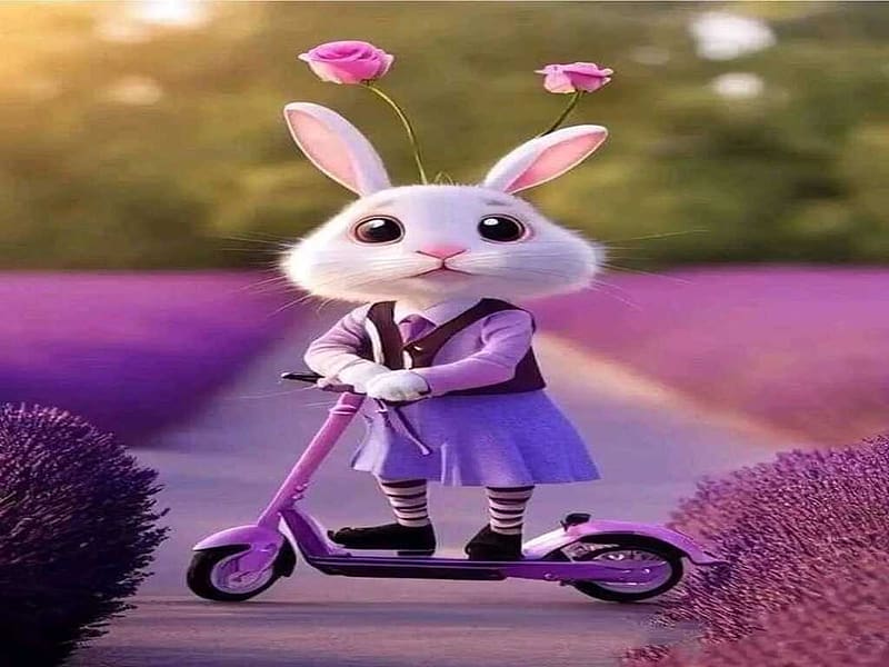 My cute world, purple, dreams, scooter, rabbit, rosse, HD wallpaper