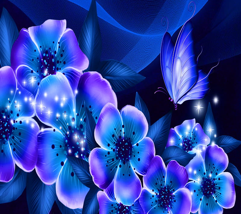 Blue Dreams, abstract flowers, blue butterfly, HD wallpaper