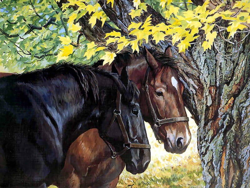 Horses, cal, art, tree, persis clayton weirs, painting, pictura, horse, HD wallpaper