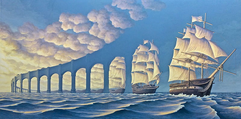 The Parade, ships, bridge, sailships, artwork, sea, HD wallpaper