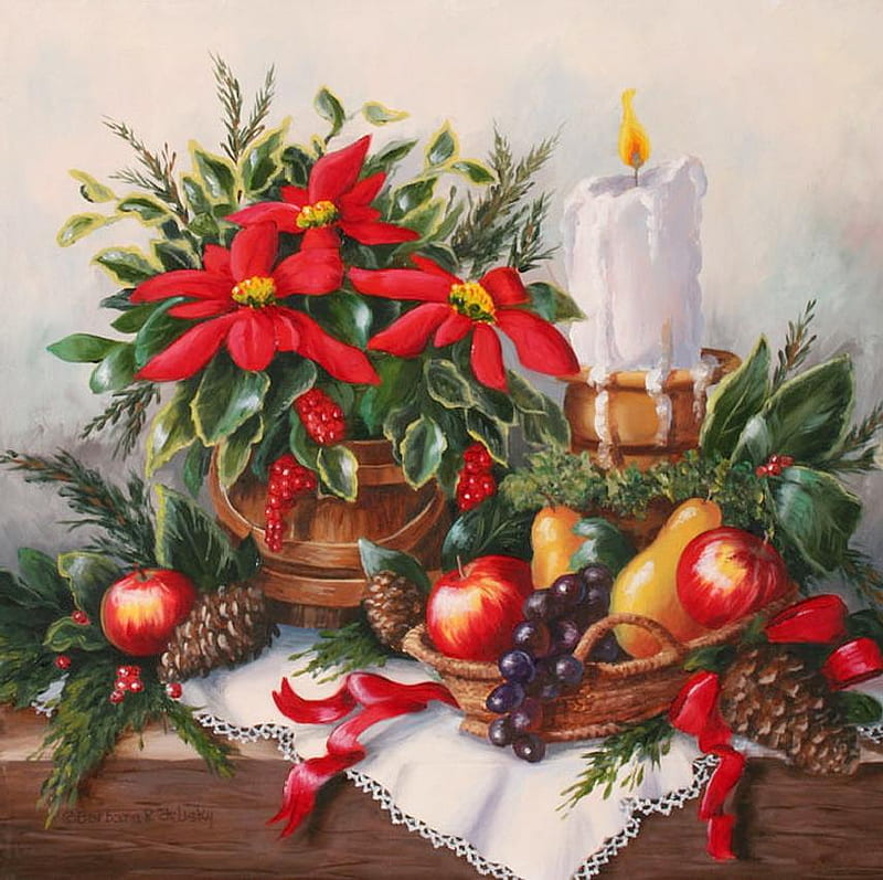 A Christmas Setting, candle, baskets, table, cloth, apples, fruits, pine cones, grapes, candle holder, pears, flame, poinsettias, painting, arrangement, HD wallpaper