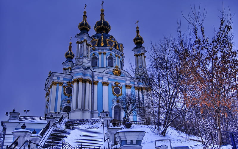 winter evening, baroque, st andrew's church, kiev, HD wallpaper