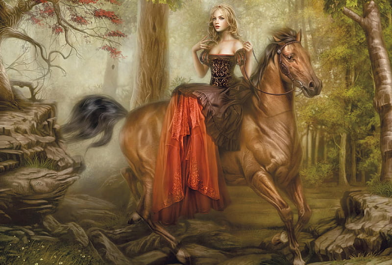 Princess in the woods, fantasy, girl, cris ortega, princess, horse, forest, red, frumusete, luminos, cal, HD wallpaper