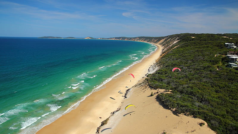 Rainbow Beach, Australia, carros, sand, dunes, Queensland, parachutes, sea, HD wallpaper